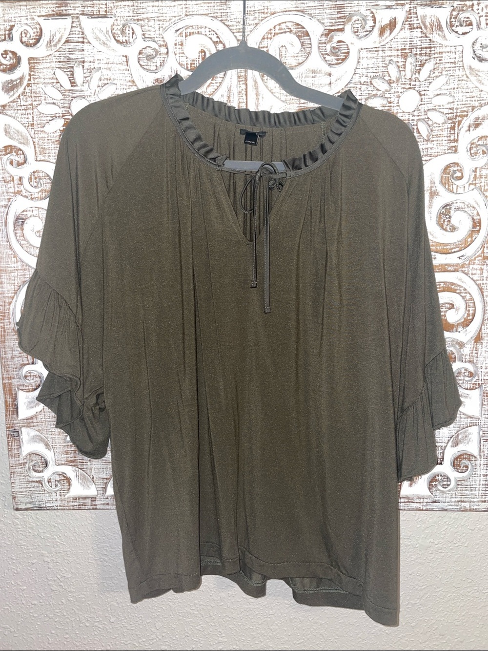 J. Crew Olive Ruffle Tie-Neck Tunic Blouse